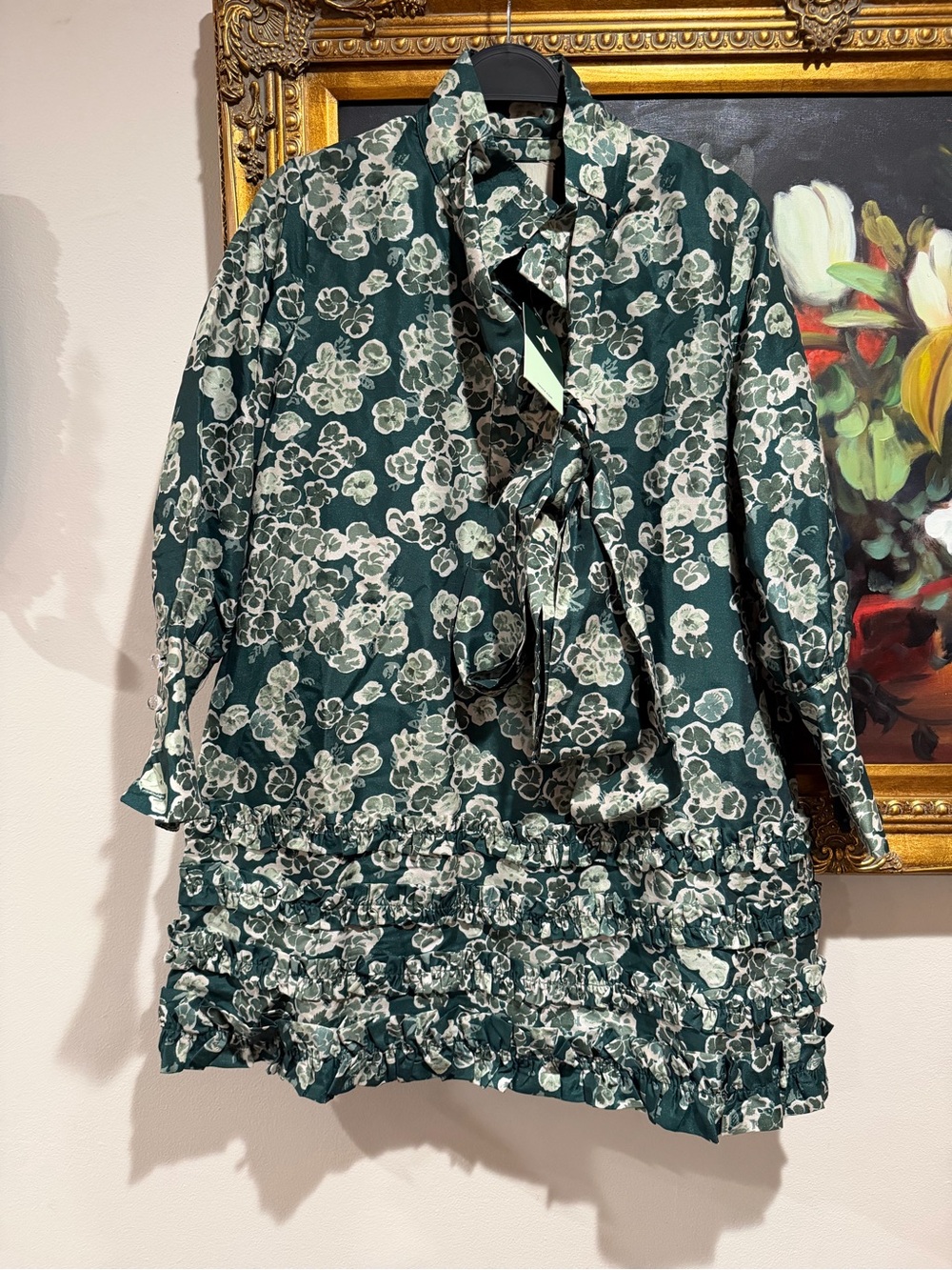 Tuckernuck Green and White Floral Ruffle Tie-Neck Mini Dress